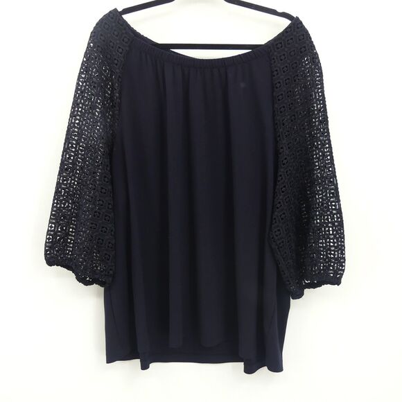 Talbots Knit Off the Shoulder Top Lace Sleeves Size 3X Navy Blue Rayon - Picture 1 of 6